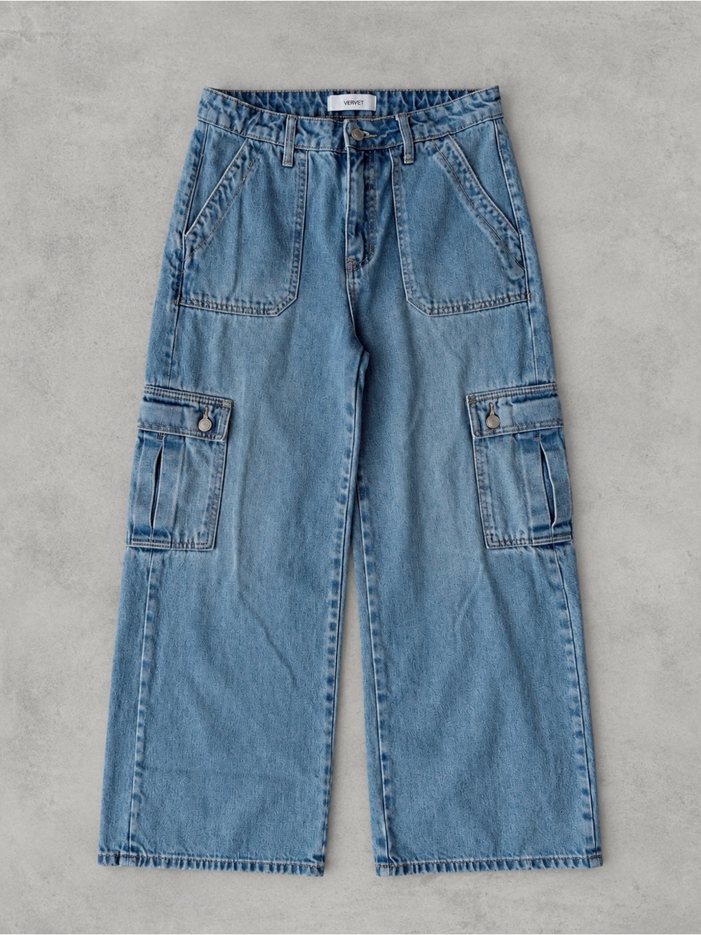 Vervet Flying Monkey Woman Blue Denim High Rise Wide Leg Cargo Jeans US27 Y2K